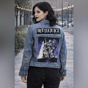 Upcycled BEETLEJUICE Graphic Tee On ANN TAYLOR LOFT Denim Jean Jacket Size 10P M